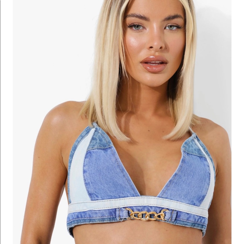 NEW Patchwork Denim Halter Top